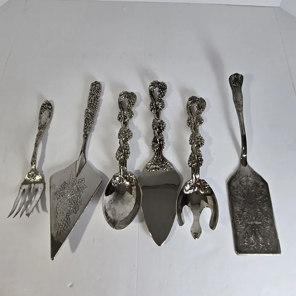 Oxford & Godinger Silverplate Serving Utensils Lot 6 Pc Grape Vine Pie Server